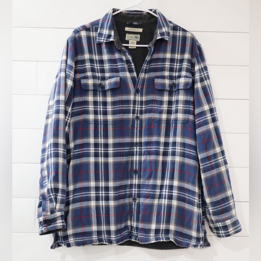 LL Bean Fleece Lined Flannel Shirt Jacket Blue Plaid Men's M Traditional Fit